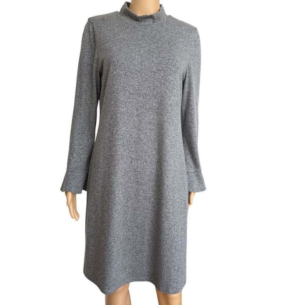 White House Black Market Shift sweater Dress Gray metallic Ruffle Sleeves size M